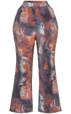 Plus Brown Abstract Print Chiffon Flare Pants