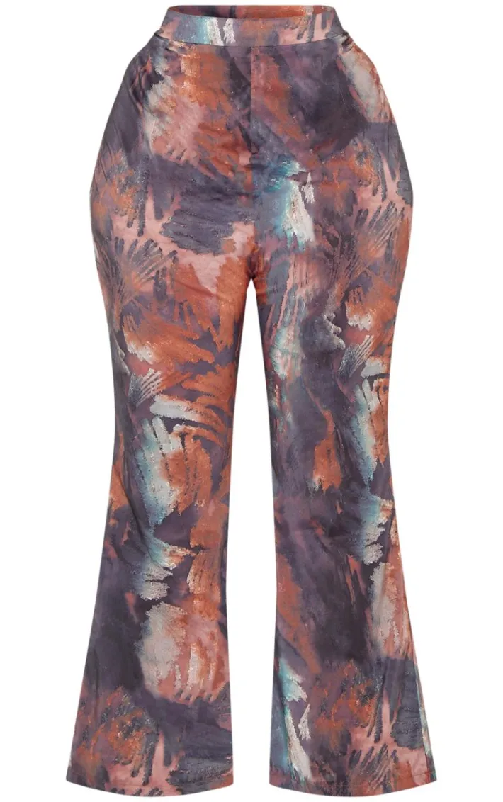 Plus Brown Abstract Print Chiffon Flare Pants