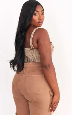 Plus Brown Acid Wash Denim Corset