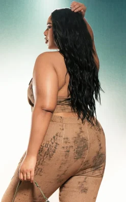 Plus Brown Acid Wash Studded Zip Up Bandeau Crop Top