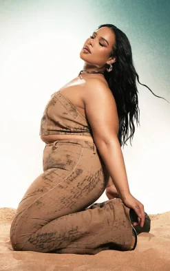 Plus Brown Acid Wash Studded Detail Flare Jeans