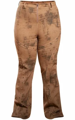 Plus Brown Acid Wash Studded Detail Flare Jeans