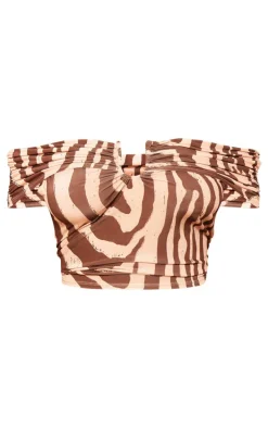 Plus Brown Animal Print Slinky Gold Trim Detail Bardot Top