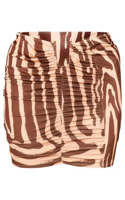 Plus Brown Animal Print Slinky Gold Trim Drape Detail Mini Skirt