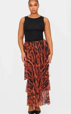 Plus Brown Animal Printed Mesh Rara Maxi Skirt