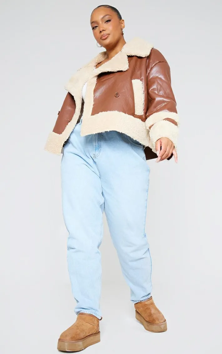 Plus Brown Battered Faux Leather Faux Fur Trim Coat