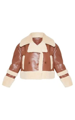 Plus Brown Battered Faux Leather Faux Fur Trim Coat