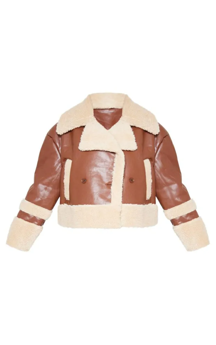 Plus Brown Battered Faux Leather Faux Fur Trim Coat