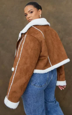 Plus Brown Borg Lined Faux Suede Super Cropped Aviator