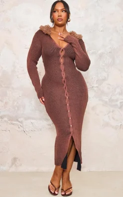 Plus Brown Collar Detail Button Down Maxi Knit Dress