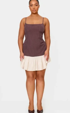 Plus Brown Contrast Pinstripe Frill Hem Shift Dress