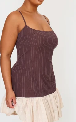 Plus Brown Contrast Pinstripe Frill Hem Shift Dress