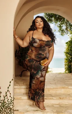 Plus Brown Cowl Neck Textured Maxi Dress