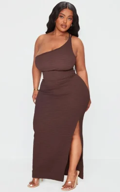 Plus Brown Crinkle One Shoulder Maxi Dress