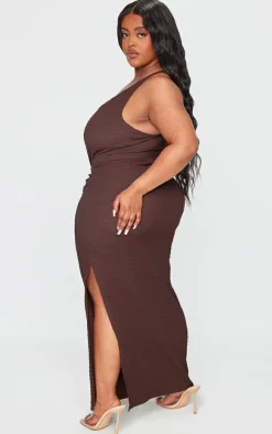 Plus Brown Crinkle One Shoulder Maxi Dress