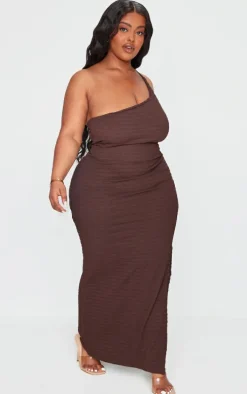Plus Brown Crinkle One Shoulder Maxi Dress