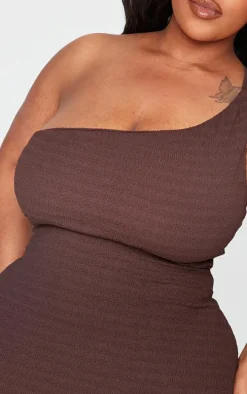 Plus Brown Crinkle One Shoulder Maxi Dress