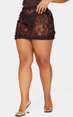 Plus Brown Devore Frill Detail Mini Skirt