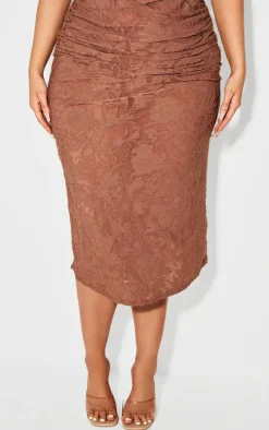 Plus Brown Devore Ruched Midi Skirt