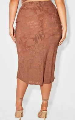 Plus Brown Devore Ruched Midi Skirt