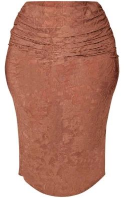 Plus Brown Devore Ruched Midi Skirt