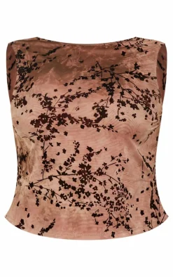 Plus Brown Devore Ruched Side Sleeveless Top