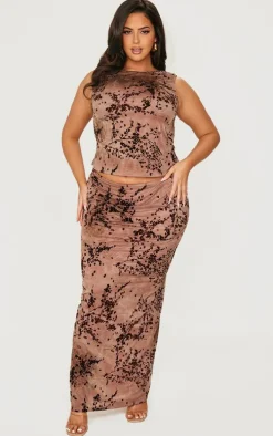 Plus Brown Devore Split Leg Maxi Skirt