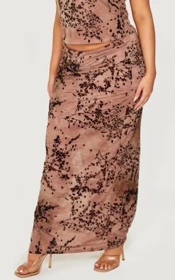 Plus Brown Devore Split Leg Maxi Skirt