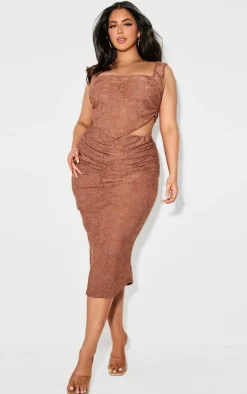 Plus Brown Devore Square Neck Crop Top