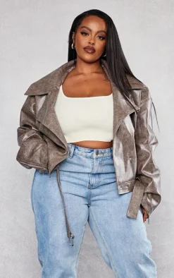 Plus Brown Distressed Faux Leather Relaxed Fit Belted Biker Jacket