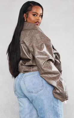 Plus Brown Distressed Faux Leather Relaxed Fit Belted Biker Jacket