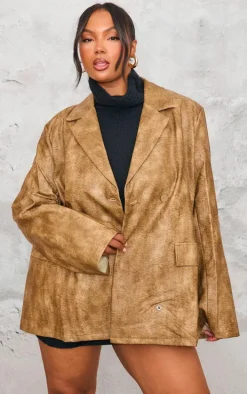 Plus Brown Distressed PU Oversized Shoulder Pad Blazer