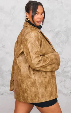 Plus Brown Distressed PU Oversized Shoulder Pad Blazer