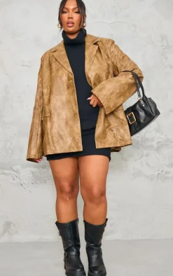 Plus Brown Distressed PU Oversized Shoulder Pad Blazer