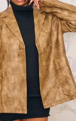 Plus Brown Distressed PU Oversized Shoulder Pad Blazer