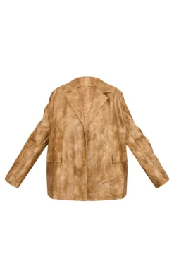 Plus Brown Distressed PU Oversized Shoulder Pad Blazer