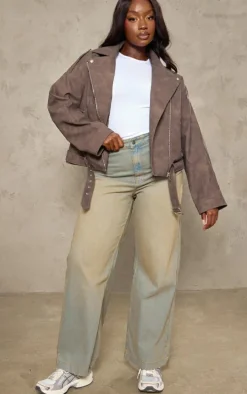 Plus Brown Distressed Soft Faux Leather Oversized Biker Jacket