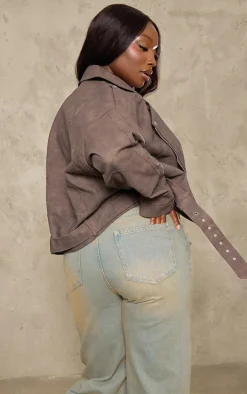 Plus Brown Distressed Soft Faux Leather Oversized Biker Jacket