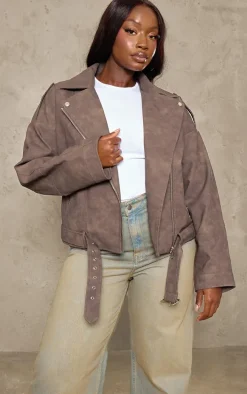 Plus Brown Distressed Soft Faux Leather Oversized Biker Jacket