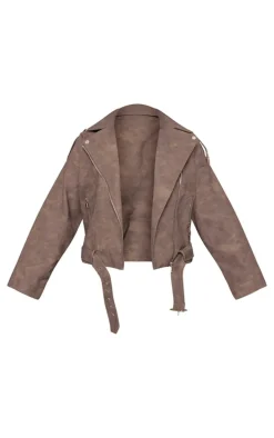Plus Brown Distressed Soft Faux Leather Oversized Biker Jacket