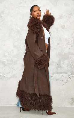 Plus Brown Faux Fur Trim Constrast Wool Look Coat