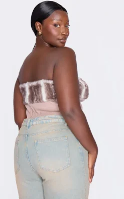 Plus Brown Faux Fur Trim Wool Look Bandeau Corset