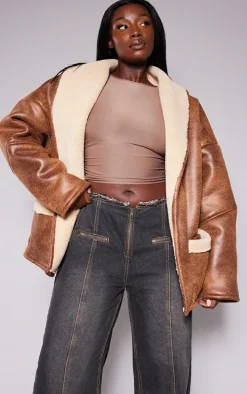 Plus Brown Faux Leather Belt Tie Aviator Jacket