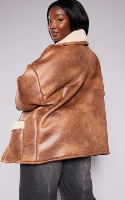 Plus Brown Faux Leather Belt Tie Aviator Jacket