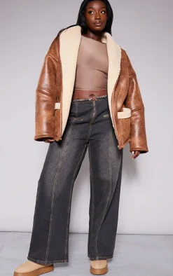 Plus Brown Faux Leather Belt Tie Aviator Jacket