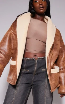 Plus Brown Faux Leather Belt Tie Aviator Jacket