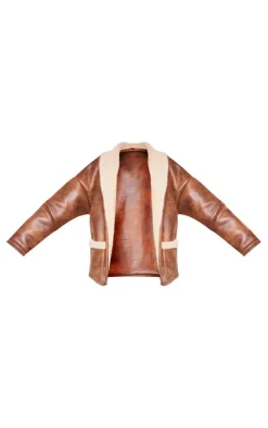 Plus Brown Faux Leather Belt Tie Aviator Jacket