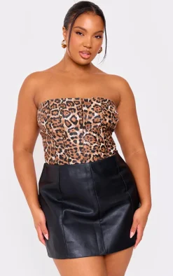 Plus Brown Faux Leather Leopard Print Studded Crop Corset