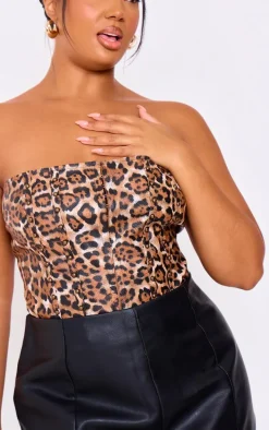 Plus Brown Faux Leather Leopard Print Studded Crop Corset