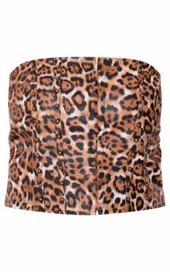 Plus Brown Faux Leather Leopard Print Studded Crop Corset